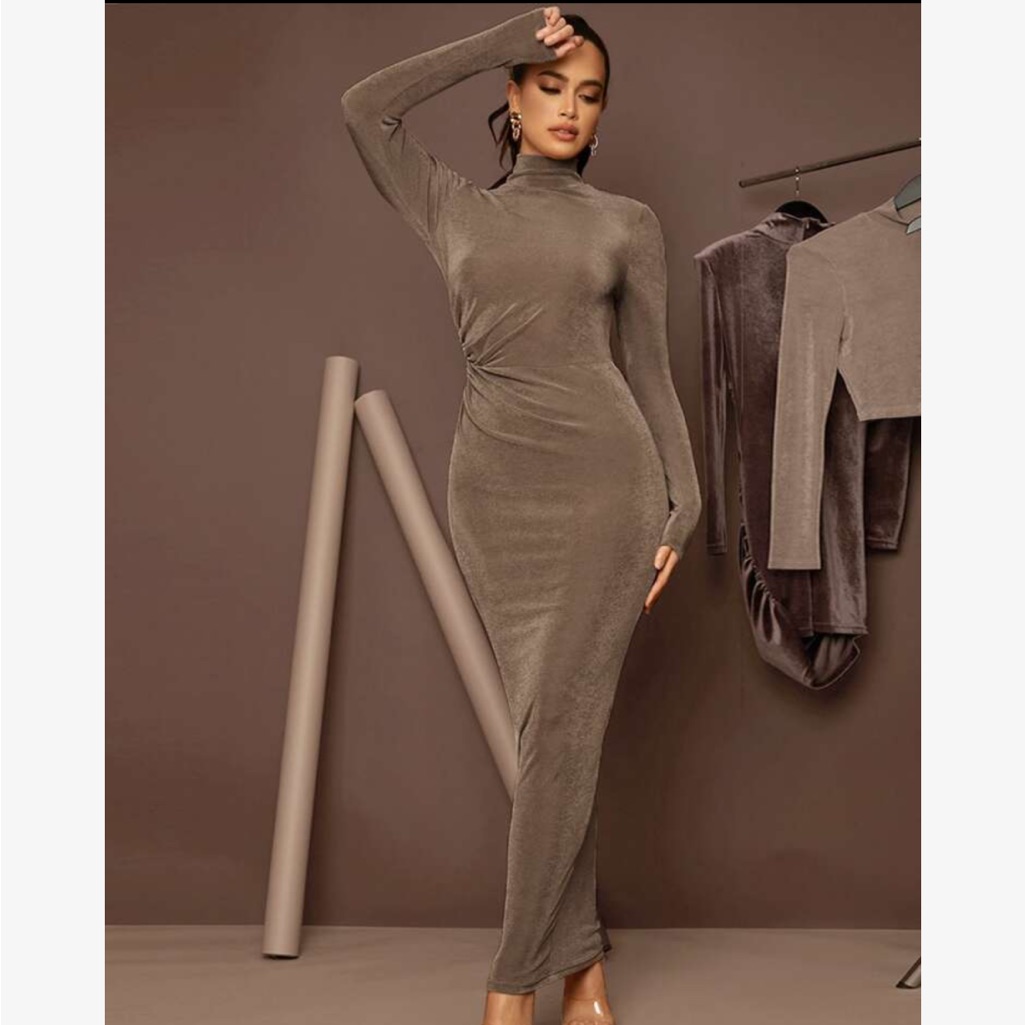 Sexy Ruched High Neck Long Sleeve Solid Fitted Bodycon Dress